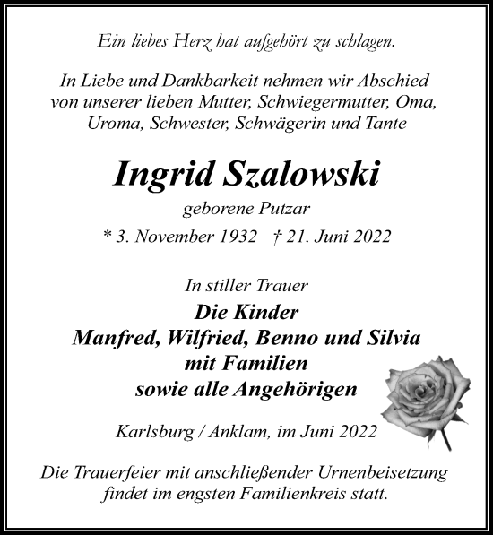 Traueranzeige von Ingrid Szalowski von Ostsee-Zeitung GmbH