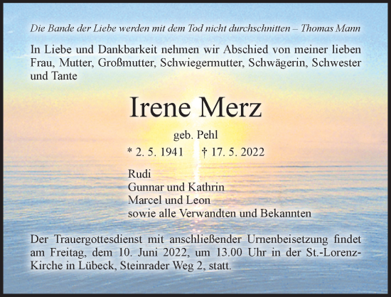 Traueranzeige von Irene Merz von Lübecker Nachrichten