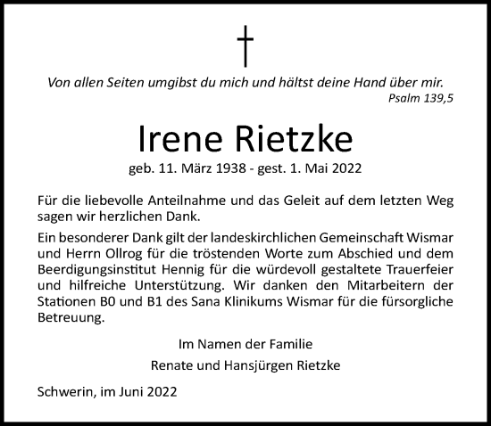 Traueranzeige von Irene Rietzke von Ostsee-Zeitung GmbH