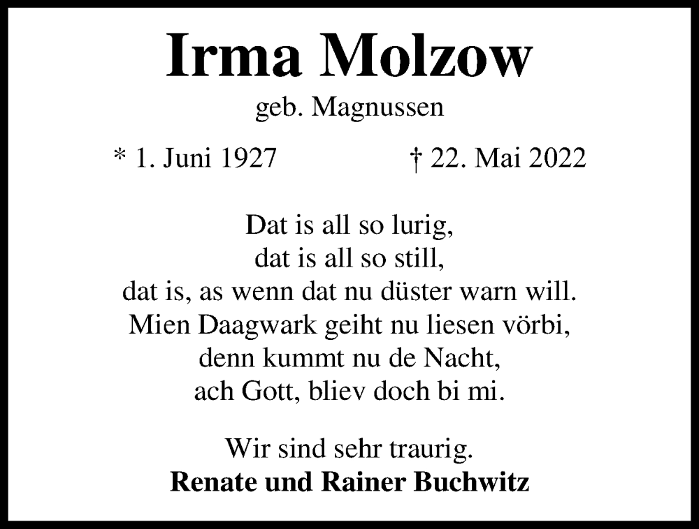  Traueranzeige für Irma Molzow vom 22.06.2022 aus Kieler Nachrichten