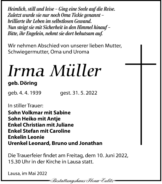 Traueranzeige von Irma Müller von Torgauer Zeitung