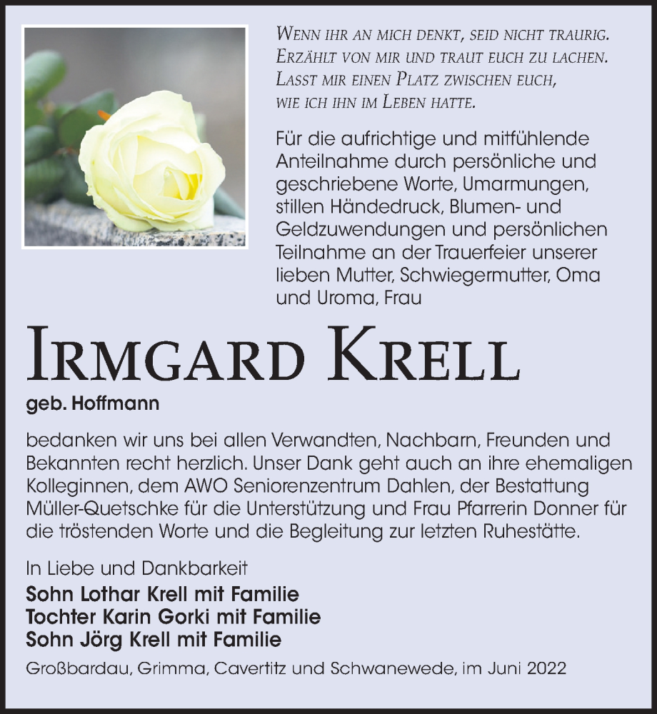  Traueranzeige für Irmgard Krell vom 04.06.2022 aus Leipziger Volkszeitung