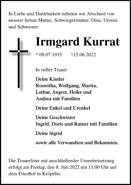 Traueranzeige von Irmgard Kurrat von Ostsee-Zeitung GmbH