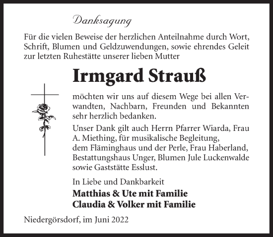 Traueranzeige von Irmgard Strauß von Märkischen Allgemeine Zeitung