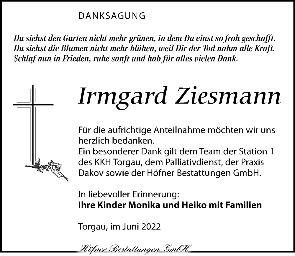  Traueranzeige für Irmgard Ziesmann vom 11.06.2022 aus Torgauer Zeitung