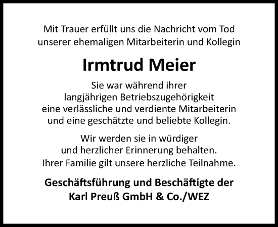 Traueranzeige von Irmtrud Meier von Schaumburger Nachrichten