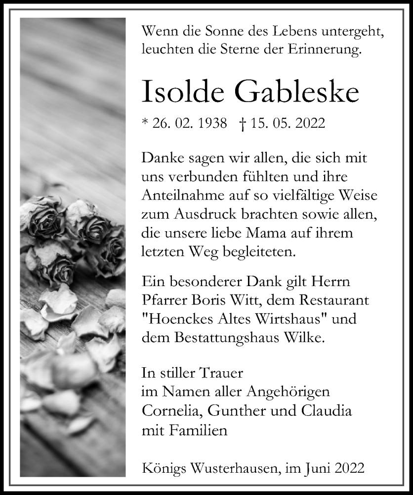  Traueranzeige für Isolde Gableske vom 18.06.2022 aus Märkischen Allgemeine Zeitung