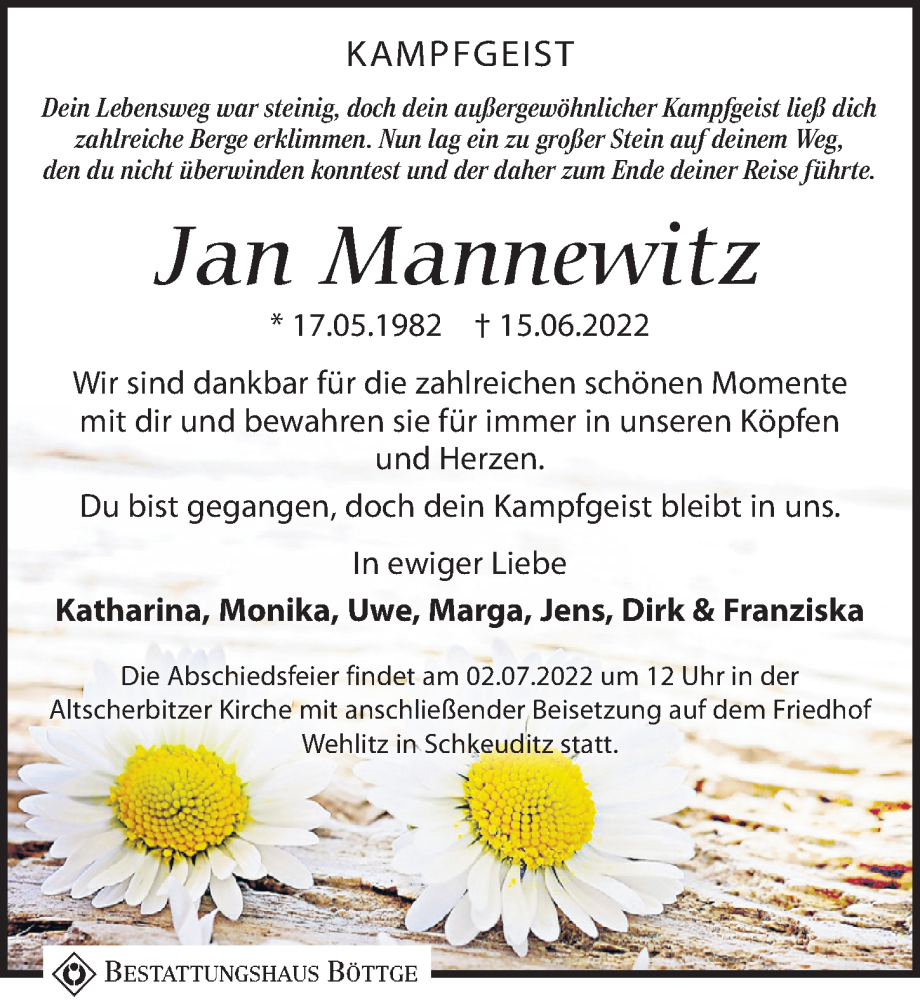  Traueranzeige für Jan Mannewitz vom 25.06.2022 aus Leipziger Volkszeitung
