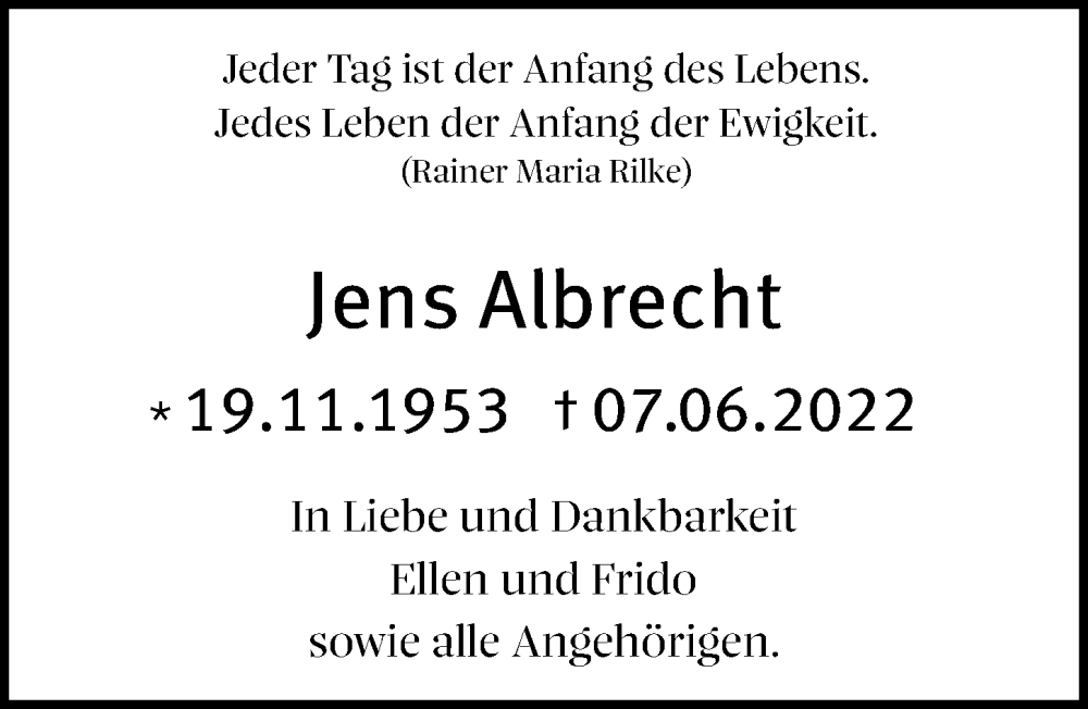  Traueranzeige für Jens Albrecht vom 25.06.2022 aus Hannoversche Allgemeine Zeitung/Neue Presse