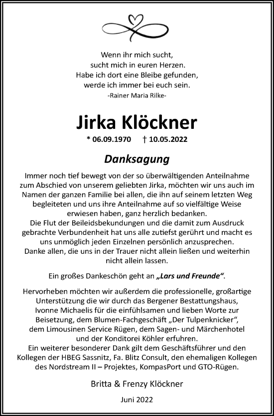 Traueranzeige von Jirka Klöckner von Ostsee-Zeitung GmbH