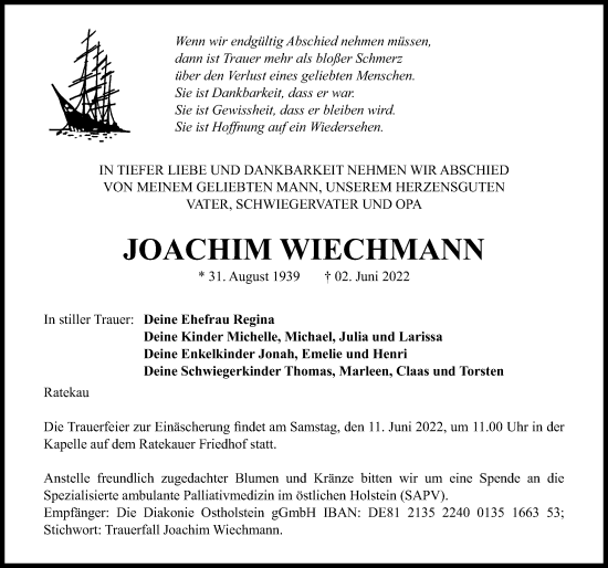 Traueranzeige von Joachim Wiechmann von Lübecker Nachrichten