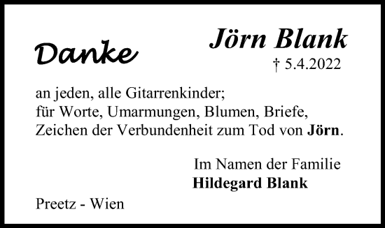 Traueranzeige von Jörn Blank von Kieler Nachrichten