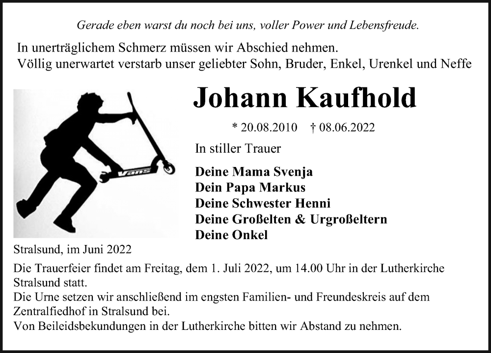  Traueranzeige für Johann Kaufhold vom 18.06.2022 aus Ostsee-Zeitung GmbH