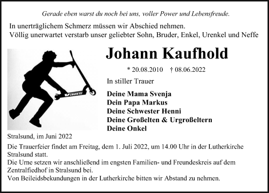 Traueranzeige von Johann Kaufhold von Ostsee-Zeitung GmbH