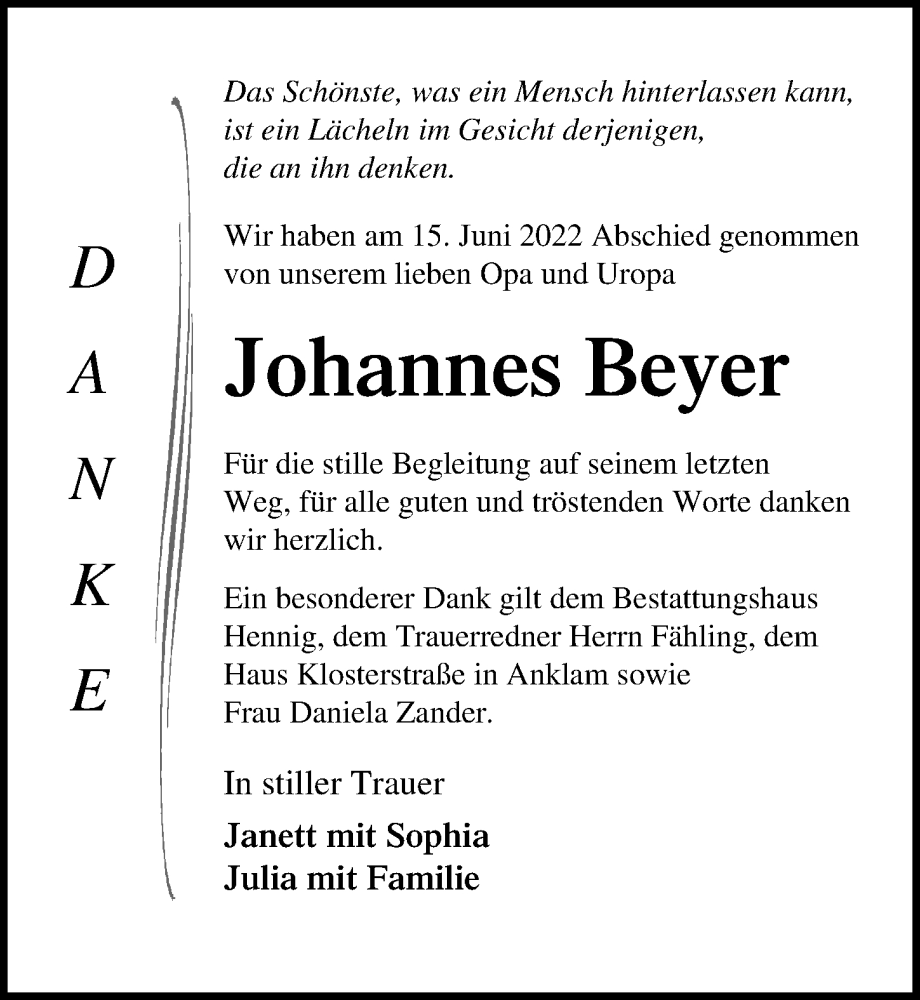  Traueranzeige für Johannes Beyer vom 18.06.2022 aus Ostsee-Zeitung GmbH