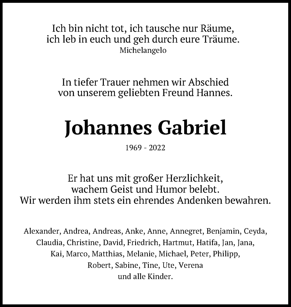  Traueranzeige für Johannes Gabriel vom 18.06.2022 aus Leipziger Volkszeitung