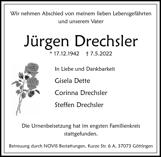 Traueranzeige von Jürgen Drechsler von Göttinger Tageblatt