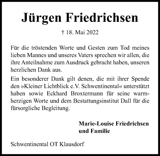 Traueranzeige von Jürgen Friedrichsen von Kieler Nachrichten