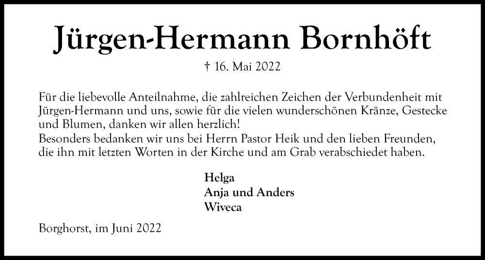  Traueranzeige für Jürgen-Hermann Bornhöft vom 11.06.2022 aus Kieler Nachrichten
