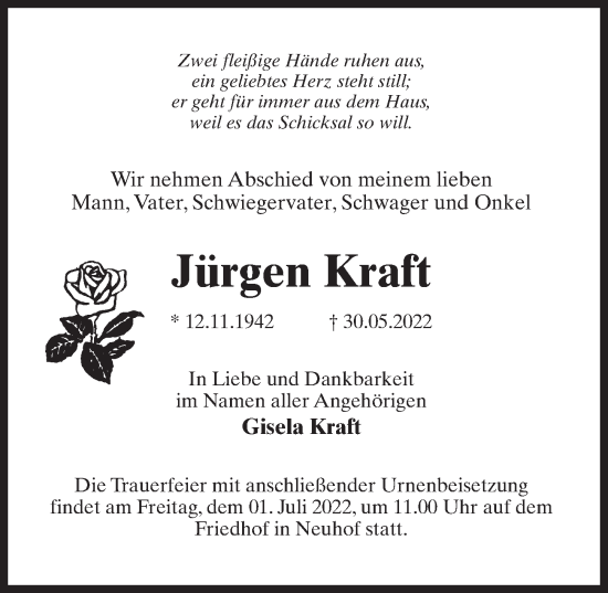 Traueranzeige von Jürgen Kraft von Märkischen Allgemeine Zeitung