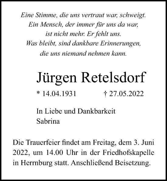 Traueranzeige von Jürgen Retelsdorf von Ostsee-Zeitung GmbH