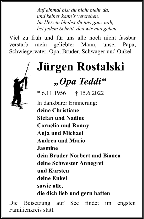 Traueranzeige von Jürgen Rostalski von Ostsee-Zeitung GmbH