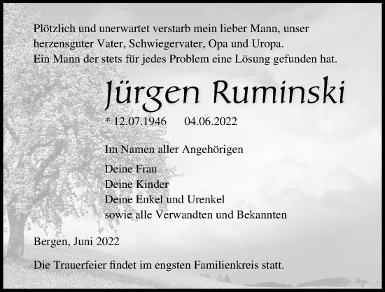 Traueranzeige von Jürgen Ruminski von Ostsee-Zeitung GmbH