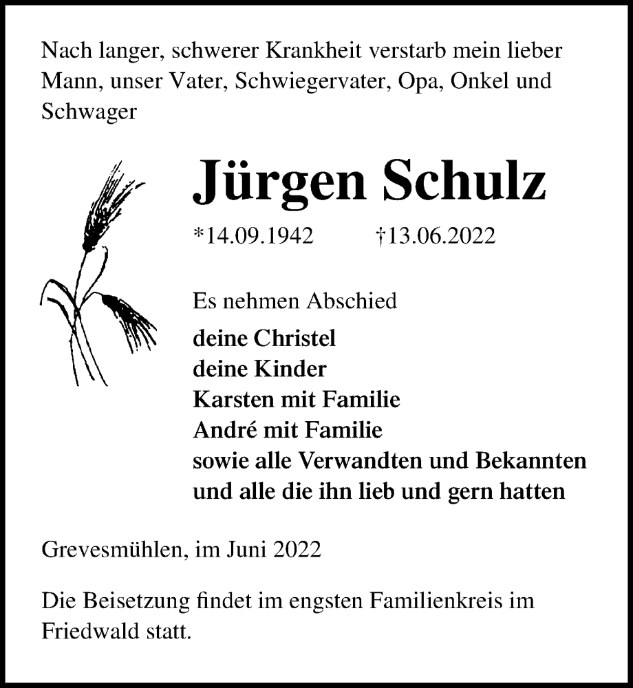  Traueranzeige für Jürgen Schulz vom 18.06.2022 aus Ostsee-Zeitung GmbH