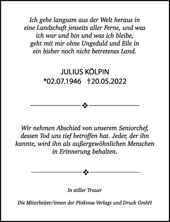 Traueranzeige von Julius Kölpin von Hannoversche Allgemeine Zeitung/Neue Presse