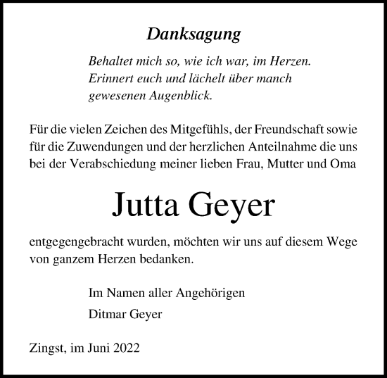 Traueranzeige von Jutta Geyer von Ostsee-Zeitung GmbH