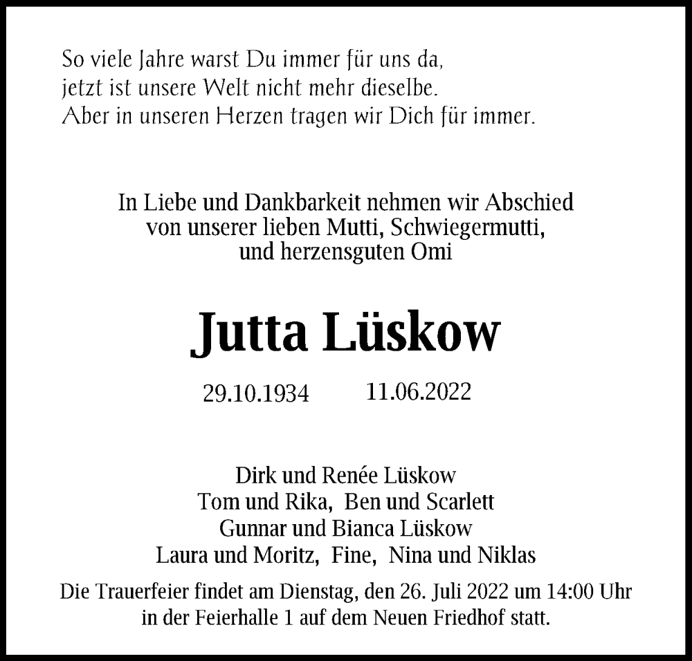  Traueranzeige für Jutta Lüskow vom 25.06.2022 aus Ostsee-Zeitung GmbH