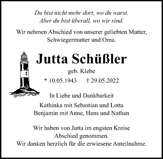 Traueranzeige von Jutta Schüßler von Lübecker Nachrichten