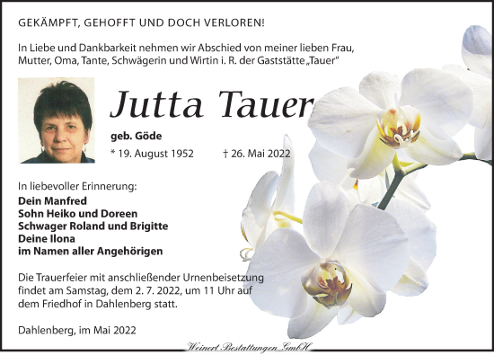 Traueranzeige von Jutta Tauer von Torgauer Zeitung
