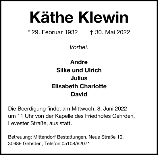 Traueranzeige von Käthe Klewin von Hannoversche Allgemeine Zeitung/Neue Presse