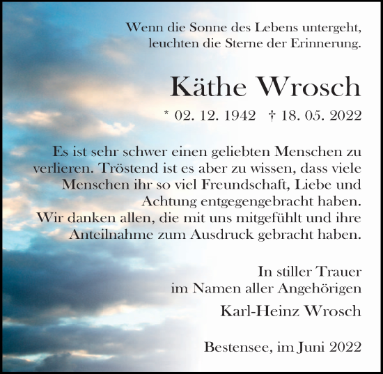 Traueranzeige von Käthe Wrosch von Märkischen Allgemeine Zeitung