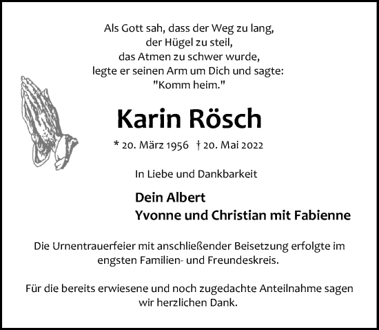 Traueranzeige von Karin Rösch von Lübecker Nachrichten