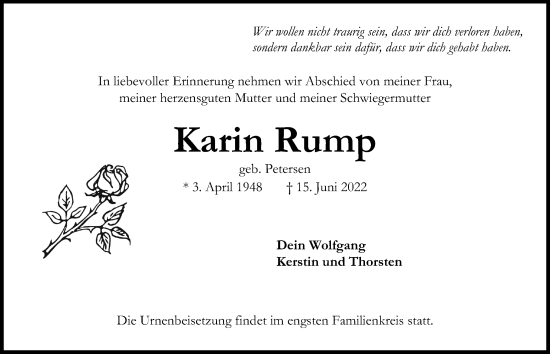 Traueranzeige von Karin Rump von Kieler Nachrichten