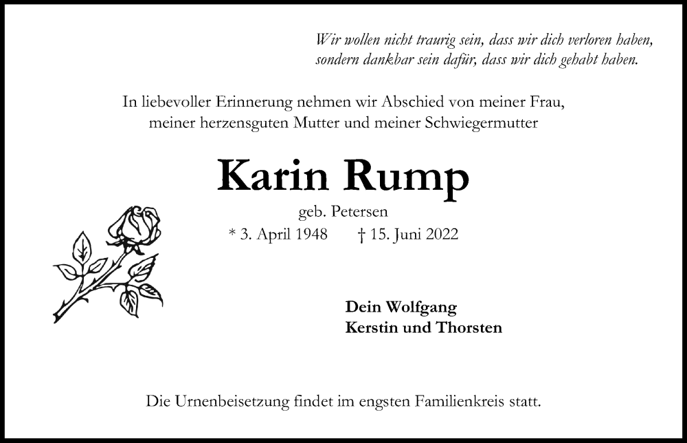  Traueranzeige für Karin Rump vom 18.06.2022 aus Kieler Nachrichten