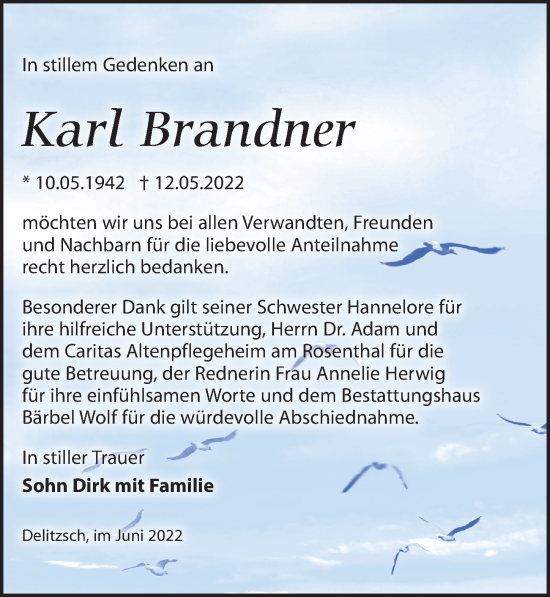 Traueranzeige von Karl Brandner von Leipziger Volkszeitung