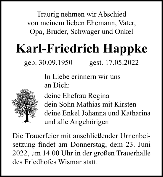 Traueranzeige von Karl-Friedrich Happke von Ostsee-Zeitung GmbH