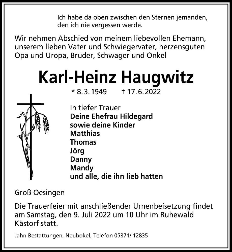  Traueranzeige für Karl-Heinz Haugwitz vom 21.06.2022 aus Aller Zeitung