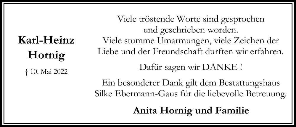  Traueranzeige für Karl-Heinz Hornig vom 04.06.2022 aus Peiner Allgemeine Zeitung