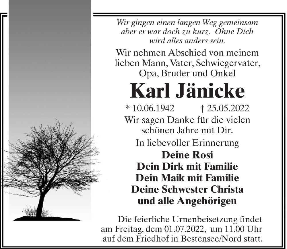  Traueranzeige für Karl Jänicke vom 04.06.2022 aus Märkischen Allgemeine Zeitung