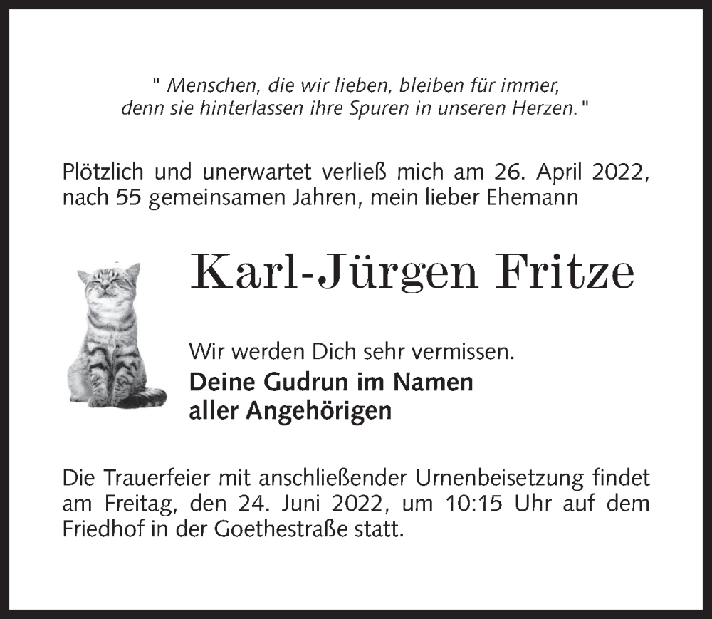  Traueranzeige für Karl-Jürgen Fritze vom 18.06.2022 aus Märkischen Allgemeine Zeitung