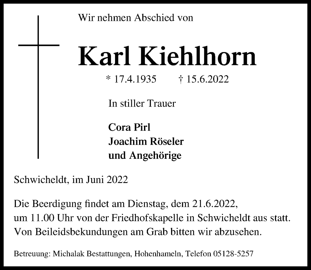  Traueranzeige für Karl Kiehlhorn vom 18.06.2022 aus Peiner Allgemeine Zeitung