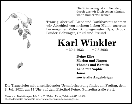 Traueranzeige von Karl Winkler von Peiner Allgemeine Zeitung