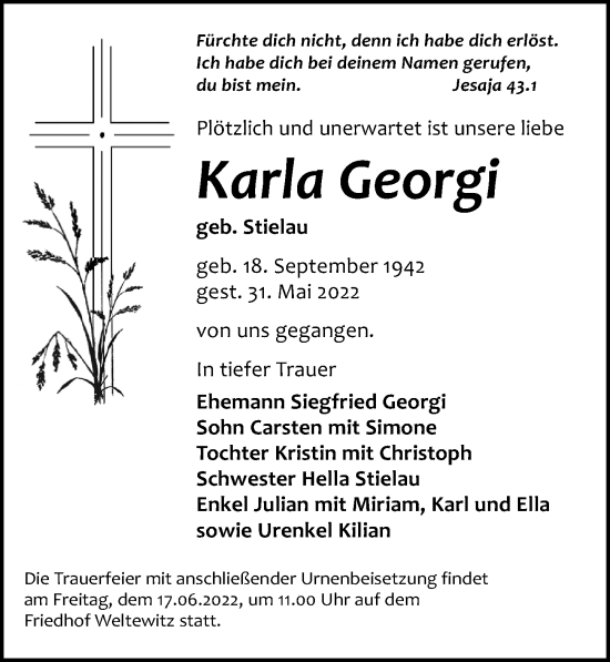 Traueranzeige von Karla Georgi von Leipziger Volkszeitung