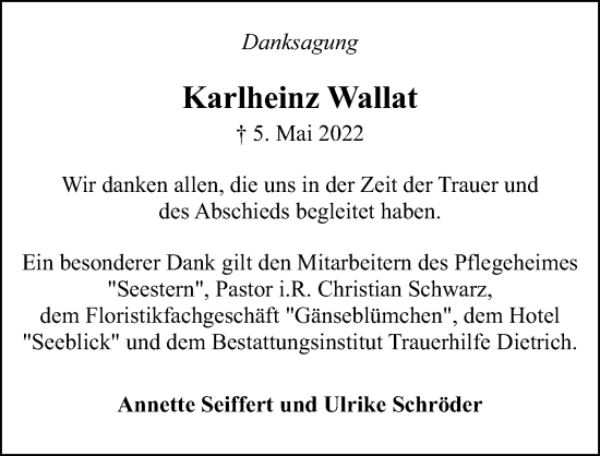 Traueranzeige von Karlheinz Wallat von Ostsee-Zeitung GmbH