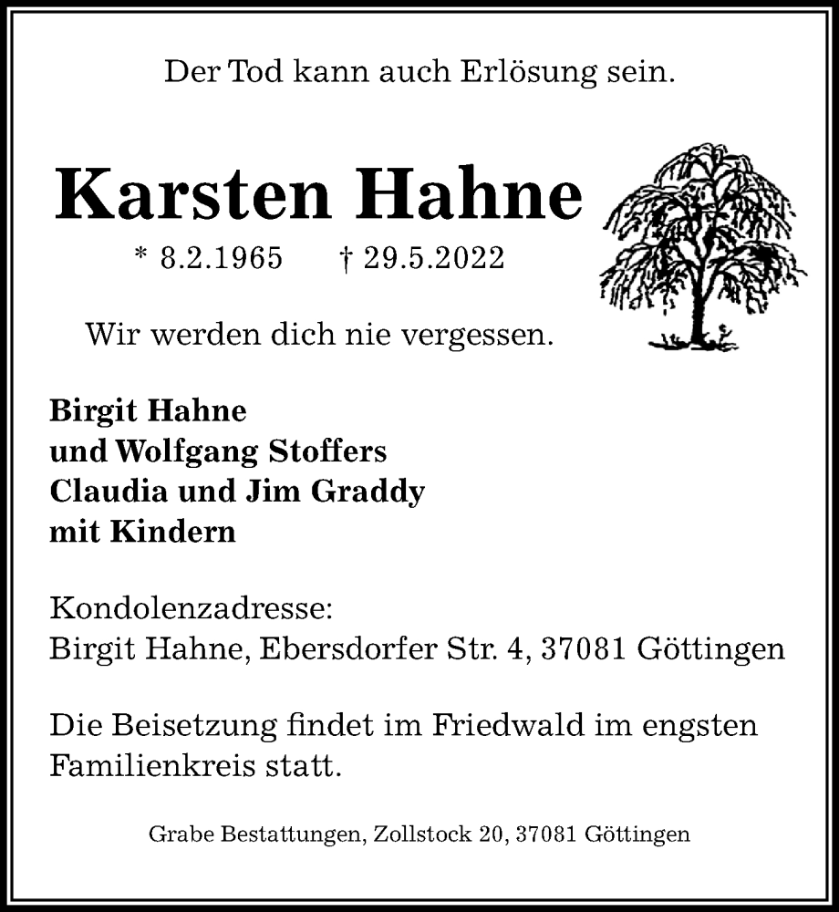  Traueranzeige für Karsten Hahne vom 04.06.2022 aus Göttinger Tageblatt