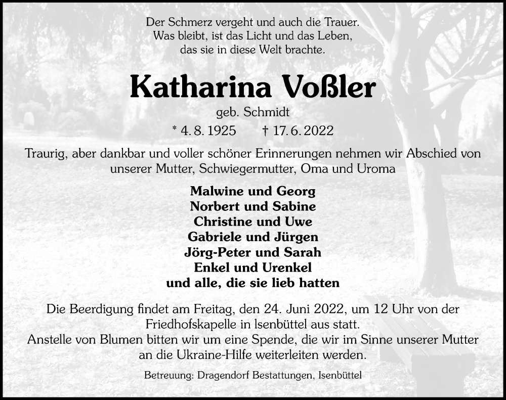  Traueranzeige für Katharina Voßler vom 21.06.2022 aus Aller Zeitung
